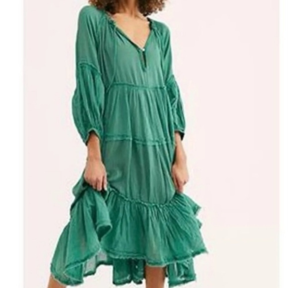 Green Tiered V-Neck Midi Dress Free People